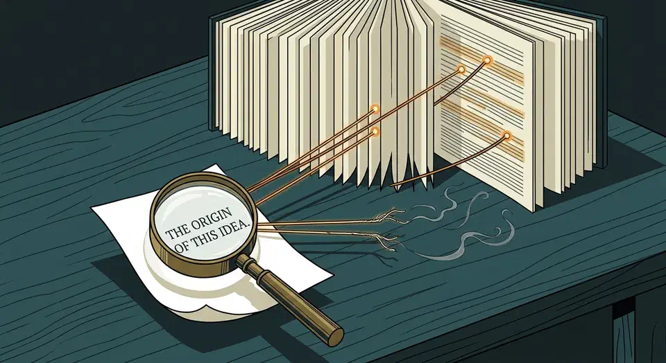 Best AI research tools 2026 that cite their sources. NotebookLM, Consensus, and deep research modes compared on whether the citation survives a click. Open reference book with glowing threads running from a printed sentence to highlighted passages, two threads fraying into smoke before they connect