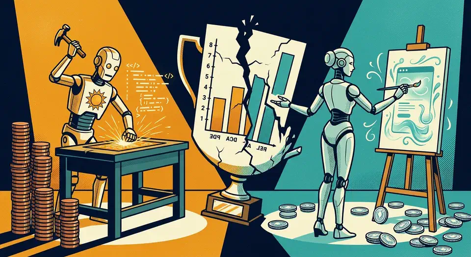 GPT-5.6-Sol wins Reddit on price and coding endurance but loses design to Claude Fable 5, and the benchmark that crowned it gets mocked as unreadable. Two robot figures face off, one hammering code beside copper coins, the other painting a UI beside silver coins, with a mocked backwards bar chart between them