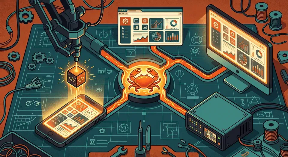 Rust cross-platform app framework Dioxus builds web, desktop, and mobile from one codebase, with hot patching, small bundles, and server functions. Molten orange Rust ingot on a workbench feeding one interface into a browser, desktop monitor, phone, and server