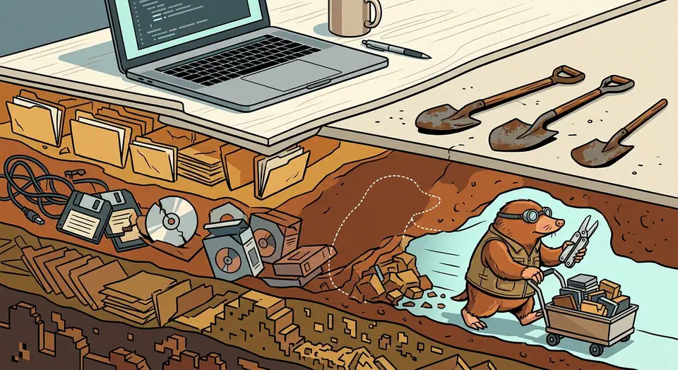Mac cleaner terminal tool Mole rolls cleanup, uninstall, disk analysis, and live stats into one binary, with a dry run before anything is deleted. A mole in work goggles tunnels through layers of cache folders and installer files beneath a laptop on a desk