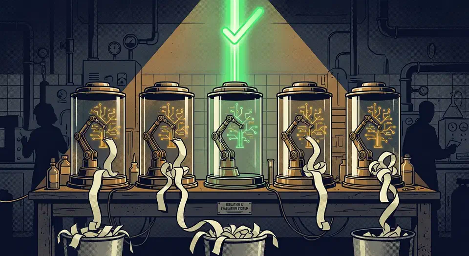 Orca runs five AI coders at once, each in its own git worktree. Fan one prompt out to Codex, Claude Code, OpenCode, and Pi, then merge the winner. Five sealed glass chambers on a workbench, each holding a robotic arm building a different code branch, with one branch merging and four discarded