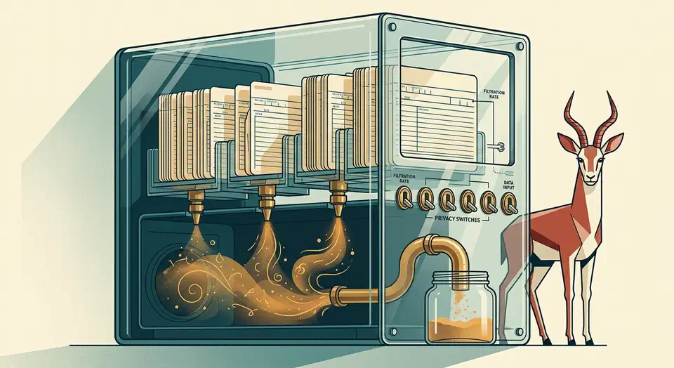 Free PC cleaner Kudu ships as open source for Windows, macOS, and Linux with a malware scanner, privacy switches, and no ads or paid upgrade tier. Cutaway glass computer tower whose internal mechanism is built from stacked readable rule cards feeding cleaning nozzles into a collection jar