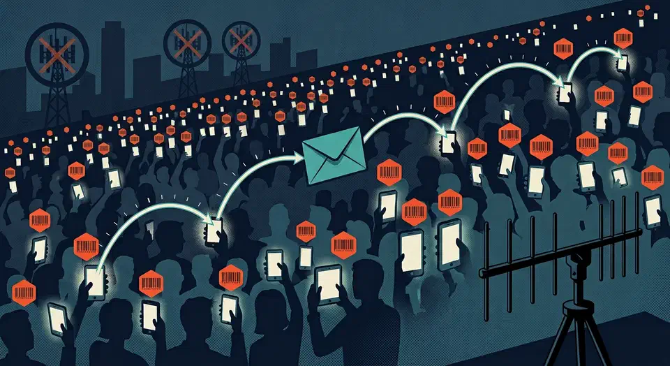 bitchat runs a Bluetooth mesh chat up to 7 hops with no accounts and no servers, but a persistent per device ID stays visible to any nearby radio. Crowd of glowing smartphones passing a sealed envelope across seven hops at night while an antenna array records each phone's fixed ID tag