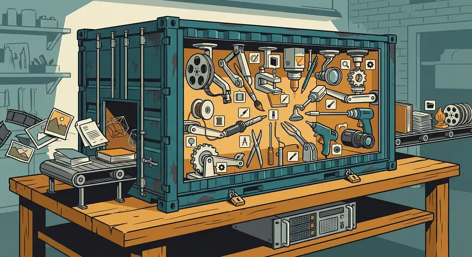 Self-hosted file converter ConvertX runs 19 conversion engines behind one Docker container and handles over 1000 formats without uploading a file. Open steel shipping container on a workbench with nineteen mechanical tool arms inside converting documents, video reels and 3D shapes into new formats