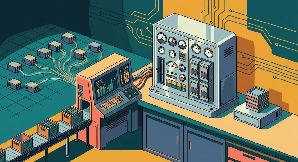 Komodo vs Portainer vs Dockge for homelabs: Git-driven deploys, RBAC, resource footprint, the Portainer migration, and where Komodo still falls short. Three Docker management tools shown as a multi-server console, an industrial control panel, and a small single-host unit on a workbench