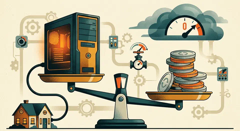 Run private n8n and Ollama AI automations at home for $0/month software, with real hardware costs, the num_ctx 8192 tool-calling fix, and a worked example. A desktop compute box on a workbench linked to a home outweighs a stack of monthly cloud-bill coins on a balance scale